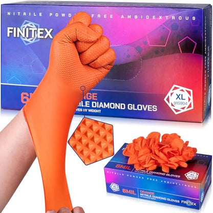 FINITEX Industrial Diamond Texture Nitrile Orange Glove - 100/1000PCS Chemical Resistant 6.3mil Mechanic Disposable Gloves - color: Orange (X-large 100)