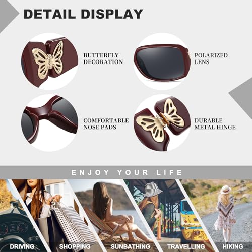 HAOLOTA Women's Polarized Sunglasses - Fashionable Wraparound Butterfly Design with UV400 Protection - color: A10 Wine Frame/Grey Lens