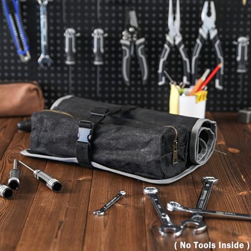 Kaaltisy Roll Up Tool Bag, 16OZ Waxed Canvas Tool Roll Organizer - 26" L x 12.5" W, Regular Wrench Slots + 1 Zipper Pocket + 1 Detachable Bag, Canvas Tool Storage Roll with Buckle for Hand Tool Set - color: Black