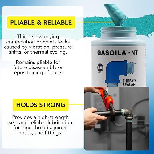 Gasoila NT, Pipe Thread Sealant, High-Performance Leak Protection, NSF, Made in USA, Free of PFAS, 1 Pint Brush-in-Cap, -50°F to 400°F, for Metal & Plastic, Seals to 6,000 PSI - size: 1 Pint