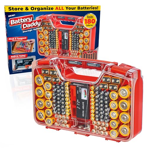 Ontel Battery Daddy Storage & Organizer Case w/Tester, Stores & Protects Up to 180 Batteries, Double-Sided, Clear Locking Lid, Secure Latches & Portable Carrying Handle - Red (Batteries Not Included) - color: Red