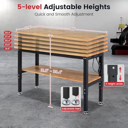 ENJOYWOOD 48" x 20" Heavy Duty Workbench Adjustable Height Garage Work Table with Solid Rubberwood Top, Double Layer Shelf, Pegboard & Power Outlets for Workshop, Home & Office - size: Small