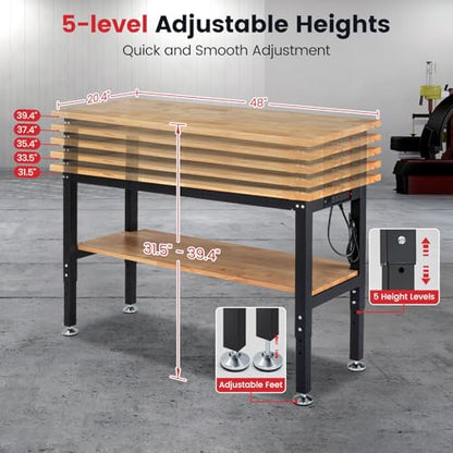 ENJOYWOOD 48" x 20" Heavy Duty Workbench Adjustable Height Garage Work Table with Solid Rubberwood Top, Double Layer Shelf, Pegboard & Power Outlets for Workshop, Home & Office - size: Small