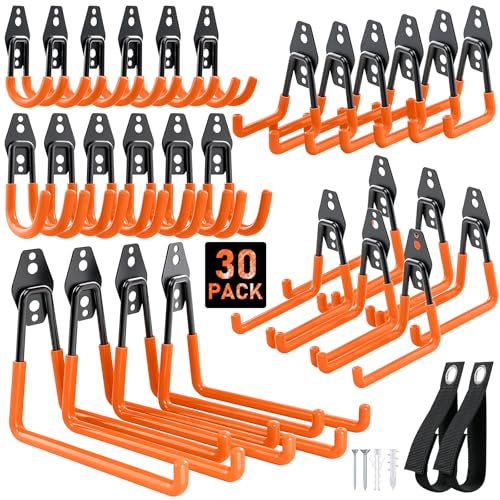 Housolution Steel Garage Hooks - 30Pack Anti-Slip Coating, Heavy Duty Wall Mount Hooks for Bikes, Garden Tools, Ladders, Hose, Bulk Items Ropes, Garage Tool Organizer with Extension Cord Wrap, Orange - color: Orange, size: 30 Pack