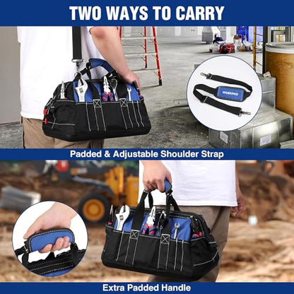 WORKPRO 16-inch Wide Mouth Tool Bag with Water Proof Molded Base - color: Black&Blue