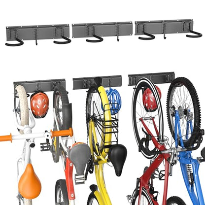 TORACK Wall Mounted Bike Storage Rack, Vertical Bikes Storage for Garage 5 Bikes Hangers for Wall, Modular Bicycle Storage Rack(3 Rails, 5 Bike Hooks, 3 Helmet Hooks)