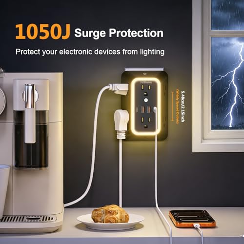 Wall Outlet Extender with Night Light, Power Plug Adapter 6 Outlet Extender with 4 USB Charging Ports（2 USB C）,1050J Power Strip Multi Plug Adapter Spaced for Home Office Travel-Black - color: Black-1Pcs