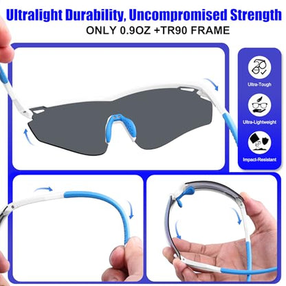 Polarized Sports Sunglasses for Men Women,Wrap Around Sun Glasses for Running Cycling Baseball Fishing Golf Hiking - color: White Blue
