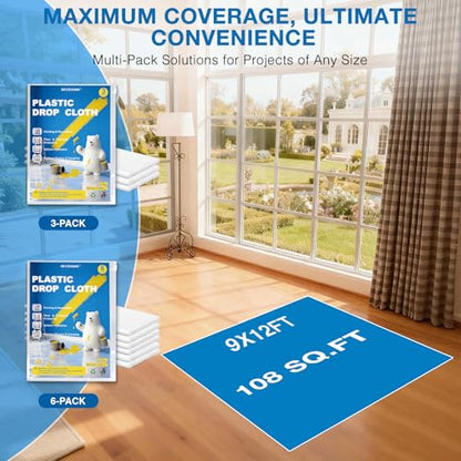 6 Pack Premium Plastic Drop Cloths for Painting, 9x12 FT Waterproof & Dust-Proof Furniture and Floor Paint Plastic Covering, Disposable Plastic Paint Tarp for DIY Projects & Home Renovations - color: 6-Pack