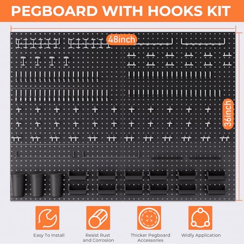 INCLY 48x36 Inch Metal Peg Board Kit with 1/4" Pegboard Hooks Accessories, 6PCS Peg Board Panels and 234PCS Black Pegboard Wall Organizer Tool Storage System for Garage Workbench Shed - size: 48x36 Inch