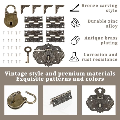 Jewelry Box Hinges Hasp Catch Lock, Antique Engraved Latch and Box Corner Protectors Hardware Kit Brass Hasp Clasp Latch Lock with Screws for DIY Wooden Case Furniture Cabinet Suitcase Decoration