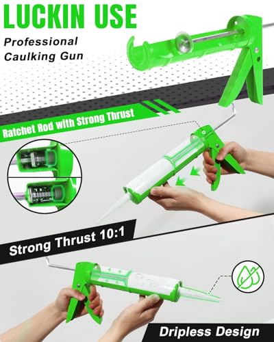 Holothurian Caulking Gun, Caulk Gun No Drip,Sealant Finishing Tool Grout Scraper for Kitchen Bathroom Window Sink Joint, 1/10 Gallon Cartridge, 10:1 Thrust Ratio, Green - color: Green
