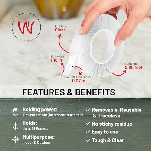 CLAWGUARD Double-Sided Mounting Tape – 1 in x 86 in Clear Heavy Duty Removable Adhesive Tape – Door Shield, Window Sill & Furniture Protector Mount
