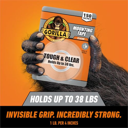 Gorilla Invisible Hold Mounting Tape, 1" x 150" (Pack of 2), Clear Double Sided Tape for Strong, Permanent Indoor & Outdoor Hanging - size: 2 - Pack
