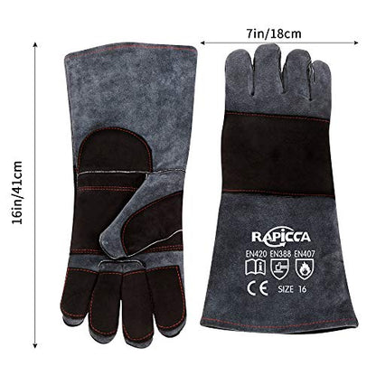 RAPICCA Animal Handling Gloves Bite Proof Double Leather Reinforced Padding Dog,Cat Scratch,Bird Handling Falconry Gloves Grabbing Reptile Squirrel Snake Bite 16in Grey-Black - style: 16 Inches