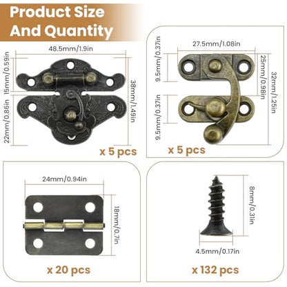30 Pcs Retro Jewelry Box Hinges and Latches Set, Antique Bronze Hardware with Matching Screws, Metal Hinges & Latch Hooks for Wooden Boxes, Cabinets & DIY