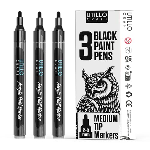 Utillo Craft Black Paint Pen (3-Pack) Medium Black Paint Markers for Metal, Fabric, Wood, Glass, Paper, Plastic, Rock, Leather | Bold Color Permanent Acrylic Paint Pen 2-3mm | Artist DIY Gift - color: Black, style: Medium 3PK