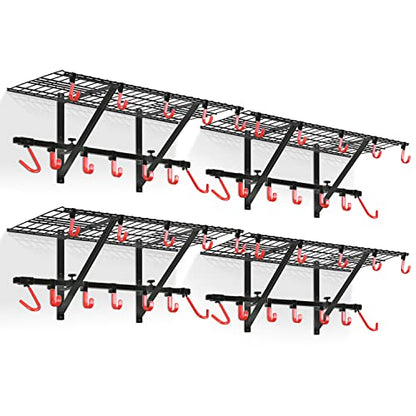 PLKOW Garage Wall Shelving 4-Pack Includes Bike Hooks, Sturdy Adjustable Garage Shelving Wall Mount Wall Organizer (Black, 4-Pack) - size: 4-pack