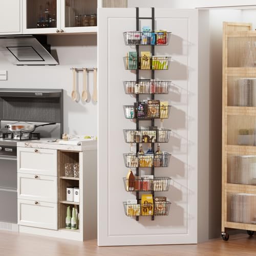 8-Tier Over the Door Organizer with Baskets - Metal Spice Rack Hanging Storage Rack for Pantry, Kitchen, Spices & Laundry, Adjustable Shelves, Heavy Duty Hanging Storage Organizer Door Mount, Black - color: Black, size: 8-Tier