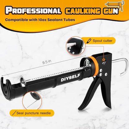 DIYSELF Caulk Gun Kit 9 Pack Professional Caulking Gun Caulk Remover Tool Kit Silicone Gun Sealant Finishing Tool Grout Scraper Hand Caulking Gun No Drip for Bathroom Kitchen Window Sink Tile Sealing - color: Black (9 Pcs Kit)