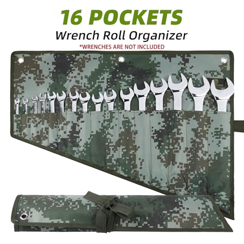 16 Pocket Wrench Roll Organizer, Rolled Tool Pouch Bag with Water Proof Oxford Cloth, Dark Camouflage - color: Dark Camouflage