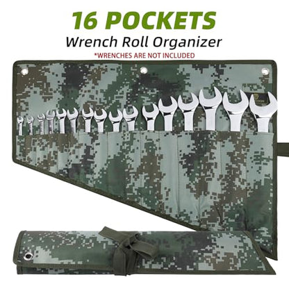 16 Pocket Wrench Roll Organizer, Rolled Tool Pouch Bag with Water Proof Oxford Cloth, Dark Camouflage - color: Dark Camouflage