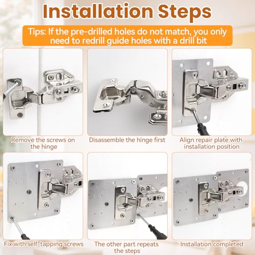 Cabinet Hinges Repair Plate, 6 Pcs Stainless Steel Cabinet Door Hinge Repair Replacement Kit with Mounting Screws, Hinges Fixing Plate Brackets for Kitchen Bathroom Cupboard Door