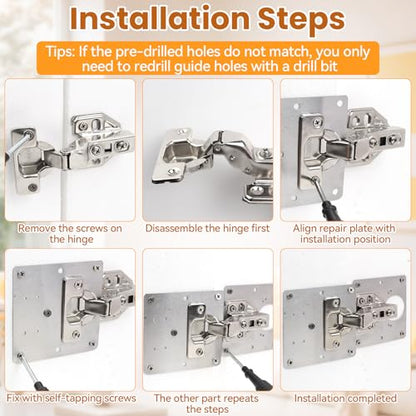 Cabinet Hinges Repair Plate, 6 Pcs Stainless Steel Cabinet Door Hinge Repair Replacement Kit with Mounting Screws, Hinges Fixing Plate Brackets for Kitchen Bathroom Cupboard Door