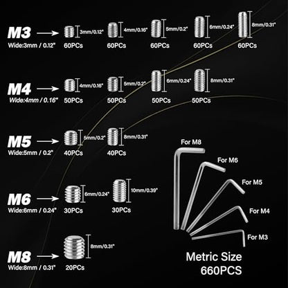 1150PCS Set Screws Assortment Kit, 26Sizes Metric & SAE Stainless Steel Screws, Allen Head Socket Hex Grub Set Screws for Bathroom Fixtures, Towel Bar (M3-M8, 1/8"-40 to 5/16"-18) - size: 1150pcs 26size
