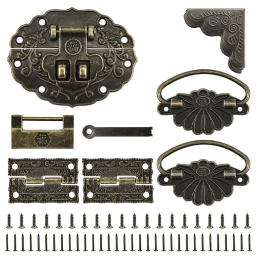 Retro Hardware Kit Includes Hasp Latch Padlock Hinges Corner Protectors and Pull Handle, Antique Decorative Kit with Screws for Jewelry Box Cabinet Wooden Box Handcrafts Project Bronze