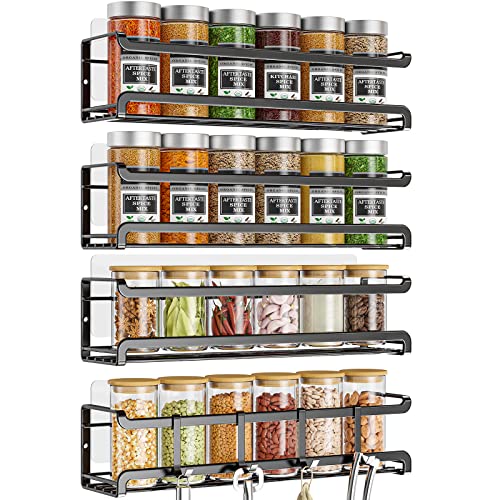 Bunoxea Spice Rack Wall Mounted 4 Pack,Space-Saving Spice Organizer for Spice Jars and Seasonings,Screw or Adhesive Hanging Spice Rack Organizer for Your Kitchen Cabinet,Pantry Door,11.41x2.75x2.75in - color: Black, size: 4Pack