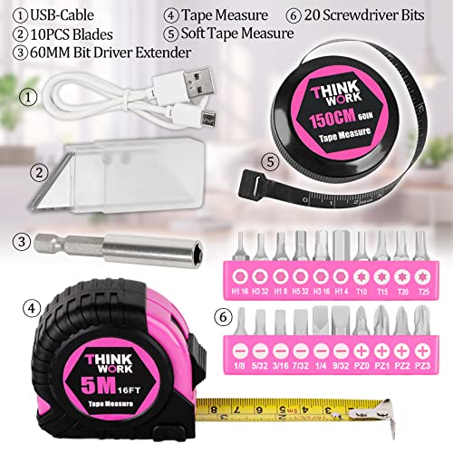THINKWORK 41 Piece Pink Tool Set - Lady's Hand Tool Set with 3.6V Rotatable Electric Screwdriver, Home Repairing Tool Kit for Women with Large Mouth Open Tool Bag, Perfect for Home DIY, Daily Use - style: Wide Mouth Bag