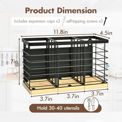 MSJGA Magnetic Utensil Holder for Fridge - 3 Compartment Wall Mounted & Countertop Metal Utensil Organizer with Bamboo Base, Kitchen Utensil Caddy for Spoons, Forks, Knives, Black