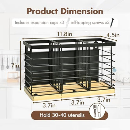 MSJGA Magnetic Utensil Holder for Fridge - 3 Compartment Wall Mounted & Countertop Metal Utensil Organizer with Bamboo Base, Kitchen Utensil Caddy for Spoons, Forks, Knives, Black