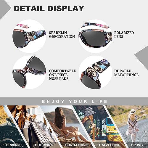 HAOLOTA Women's Polarized Sunglasses - Fashionable Wraparound Butterfly Design with UV400 Protection - color: A02 Flower Frame/Grey Lens