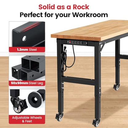ENJOYWOOD 48" x 20" Heavy Duty Workbench with Wheels, Adjustable Height Garage Work Table with Solid Rubberwood Top, Pegboard & Power Outlets for Workshop, Home & Office - size: XX-Small
