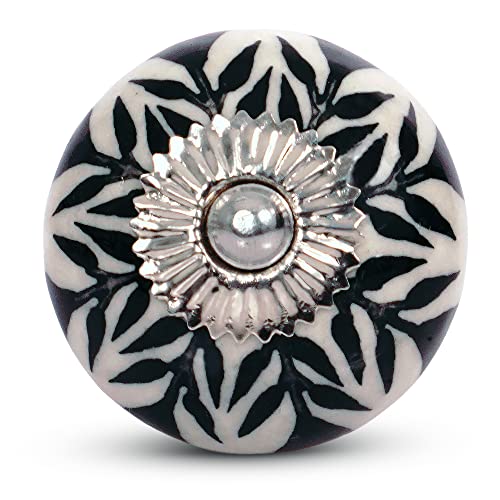 Mela Artisans 12-Pack Ceramic Kitchen Cabinet Knobs - Black & White Daffodil | Decorative Pull Handles for Dresser Drawers | Reversible Metal Backplate | 1.77” Diameter - color: Daffodil