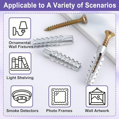 80pcs M6 Tree Shaped Expansion Anchor with Screws, 0.24''×1.19'' Steel Hollow Wall Anchors Kits, Loose Hinge Hole Repair Tools for Drywall Concrete Brick Plaster Wall- Silver & Gold