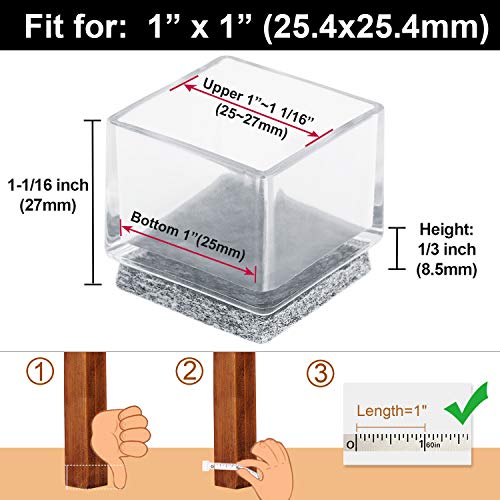 Anwenk 1''x1" Square Chair Leg Floor Protectors with Felt Pads 1inch 1 in Square Table Leg Protectors Chair Leg Caps Small, 16Pack,Clear - color: 16pack 1"x1"feltpad