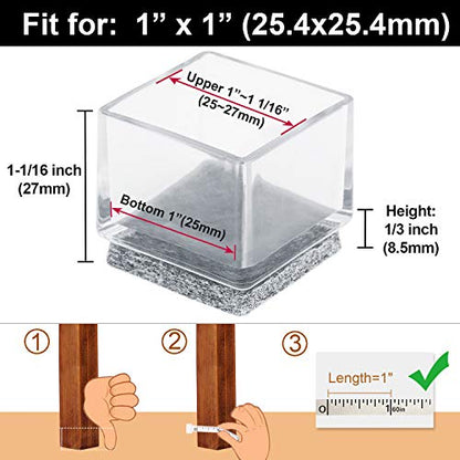 Anwenk 1''x1" Square Chair Leg Floor Protectors with Felt Pads 1inch 1 in Square Table Leg Protectors Chair Leg Caps Small, 16Pack,Clear - color: 16pack 1"x1"feltpad