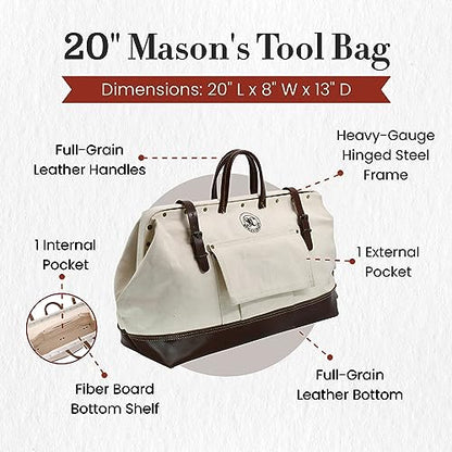 Style n Craft Mason's Tool Bag, Canvas Tool Storage Bag with Full-Grain Leather Bottom - style: 20" Mason's Bag - Canvas & Full Grain Leather