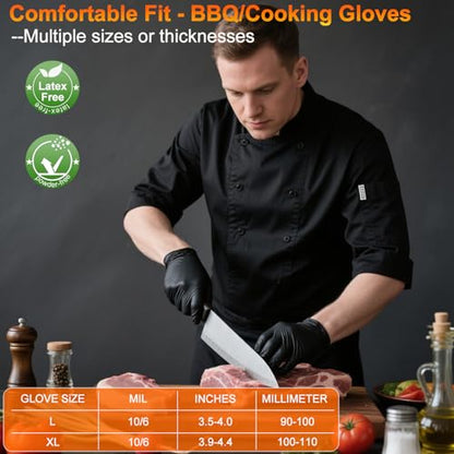 ANBOSON BBQ Gloves for Cooking Baking Grilling, 100 Count Disposable Black Nitrile Gloves and 4 Count Cotton Glove Liners Washable (6mil Nitrile, Large) - size: Large, style: 6mil Nitrile