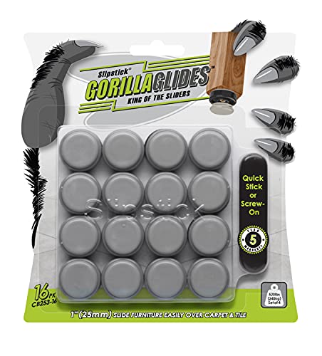 GorillaGlides 1 Inch Chair Sliders/Furniture Floor Protectors (16 Furniture Glides) Self-Adhesive Screw On Chair Glides for Sliding on Low-Pile Carpet & Hard Surface Floors, Round - size: 1 Inch - 16 Pack