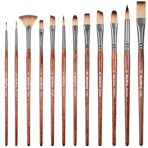Nicpro 12pcs Paint Brush Set, Craft Paint Brushes for Acrylic Painting, Oil, Watercolor, Gouache, Painting Brushes Kit with Flat Fan Round Angle Filbert, Art Supplies for Artists and Beginners - color: Reddish Brown