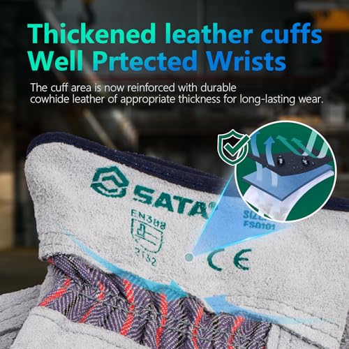 SATA Heavy Duty Halfleather Work Gloves, Doublelayer Cowhide, Cotton Lining, Leather Palm, Gardening, Yard Gloves - color: Gray, size: 1Pair L