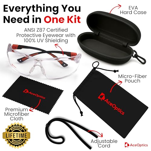 Safety Glasses – ANSI Z87 Certified, 5X Anti-Fog ClearShield™ Lenses with Premium Hard Case & Accessory Bundle - color: Red & Black / Clear