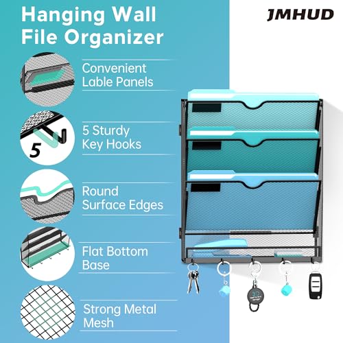 Wall File Organizer - Hanging File Organizer with 5 Hooks, Mail Holder Wall Mounted for Papers, Folders, Magazines, Bills, 4 Tier Office&School Organization, Black - size: 4 Tier-Black