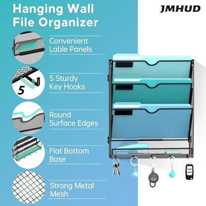 Wall File Organizer - Hanging File Organizer with 5 Hooks, Mail Holder Wall Mounted for Papers, Folders, Magazines, Bills, 4 Tier Office&School Organization, Black - size: 4 Tier-Black