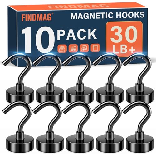 FINDMAG 10 Pack Black Magnetic Hooks, 30lbs Neodymium Magnet Hooks for Hanging, Strong Magnetic Hooks Magnet with Hooks for Home, Kitchen, Office, Warehouse, School - color: Black, size: 10Pack 30LBS+