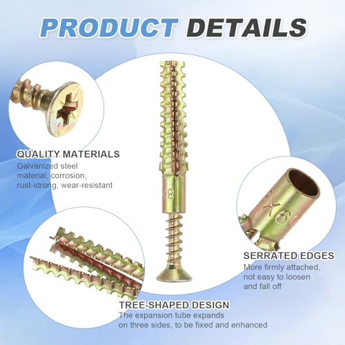 PATIKIL 30 Pcs Drywall Hollow Wall Anchors with Screws 0.24 x 2.36, Steel Dry Wall Anchors Kit for Wooden Concrete Plaster Hinge Hole Repair, Brass (8 x 60mm) - size: 8 x 60mm